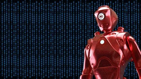 Red Humanoid Robot With Digital Binary Background 3d render. Illustrazione stock
