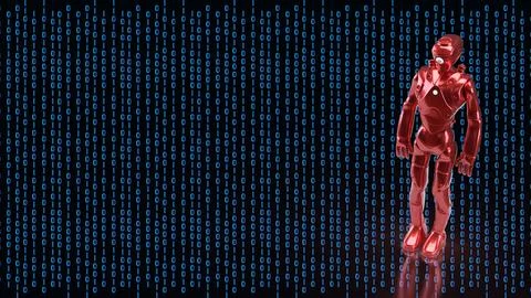 Red Humanoid Robot With Digital Binary Background 3d render. Stock Illustration