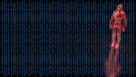 Red Humanoid Robot With Digital Binary Background 3d render. Stock Illustration