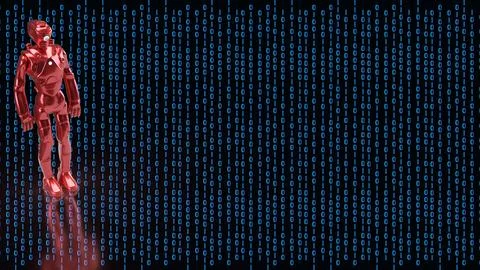 Red Humanoid Robot With Digital Binary Background 3d render. Stock Illustration