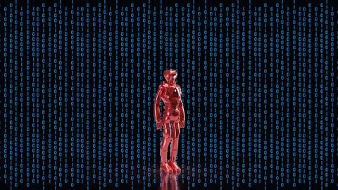 Red Humanoid Robot With Digital Binary Background 3d render. Stock Illustration