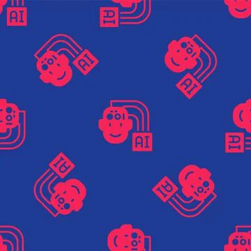 Red Humanoid robot icon isolated seamless pattern on blue background. Artificial 스톡 일러스트