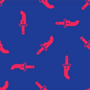Red Hunter knife icon isolated seamless pattern on blue background. Army knif Stock Illustration