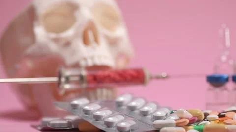 Red hurts in syringe with skull with pills and tablets on pink background Video stock 168172453