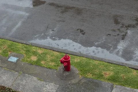 A red hydrant with long exposure rain pool in rainy day Foto stock