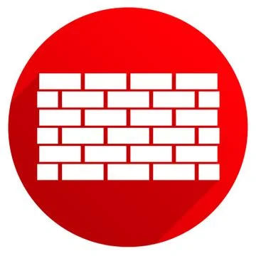 Red icon with brick wall, wall symbol casting diagonal shadow. Vector. Stock Illustration