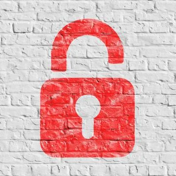 Red Icon of Opened Padlock on White Brick Wall. Illustrazione stock
