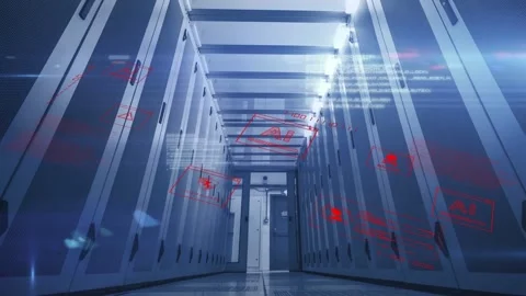 Red icons growing starting rack aisle overlays code streams scrolling leftward Video stock 335316869