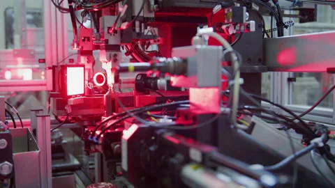 Red illuminated Automated High Tech Production Plant Robotic Automation Factory Stock Footage 167131846