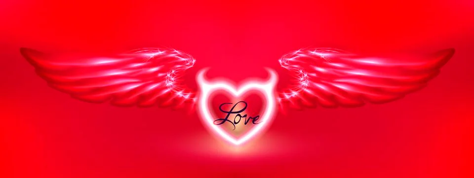Red imp or devil heart with horns and wings on red background Stock Illustration