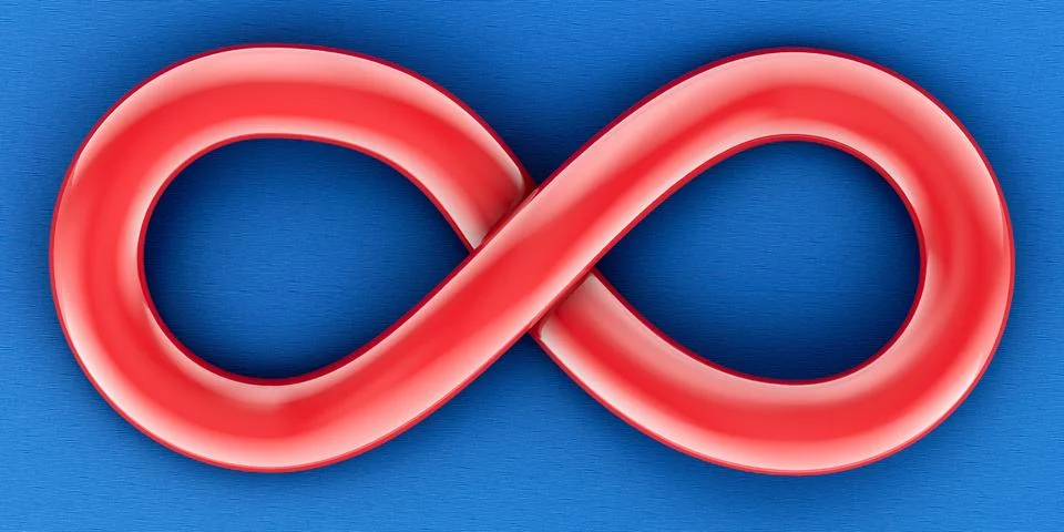 Red Infinity symbol on blue backdrop, 3D rendering Stock Illustration
