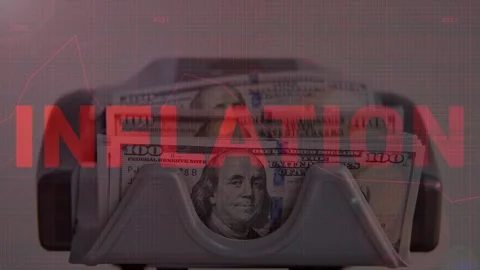 Red Inflation Text Over US Dollar Money Counting Machine Stock-Footage 336757641