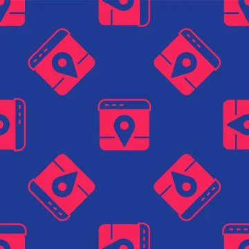 Red Infographic of city map navigation icon isolated seamless pattern on blue Stock Illustration