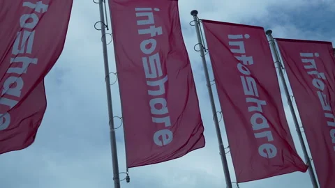 Red Infoshare Conference Flags Waving In Wind Against Cloudy Sky Stock Footage 338010333
