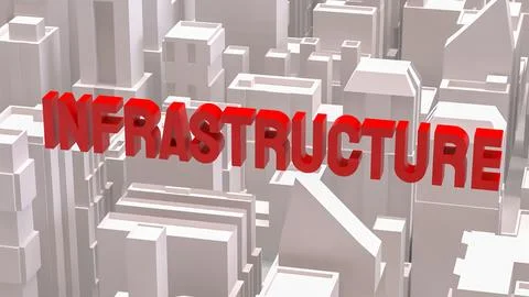 Red Infrastructure Text Over Abstract Cityscape Background 3d render. Stock Illustration