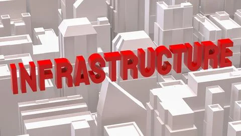 Red Infrastructure Text Over Abstract Cityscape Background 3d render. Stock Illustration