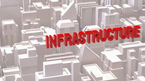 Red Infrastructure Text Over Abstract Cityscape Background 3d render. Stock Illustration