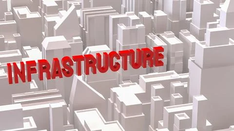 Red Infrastructure Text Over Abstract Cityscape Background 3d render. Stock Illustration