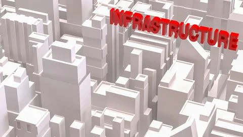 Red Infrastructure Text Over Abstract Cityscape Background 3d render. Stock Illustration