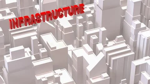 Red Infrastructure Text Over Abstract Cityscape Background 3d render. Stock Illustration