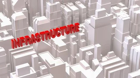 Red Infrastructure Text Over Abstract Cityscape Background 3d render. Stock Illustration