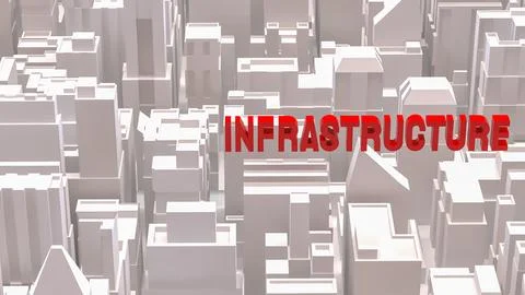 Red Infrastructure Text Over Abstract Cityscape Background 3d render. Stock Illustration