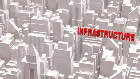 Red Infrastructure Text Over Abstract Cityscape Background 3d render. Stock Illustration