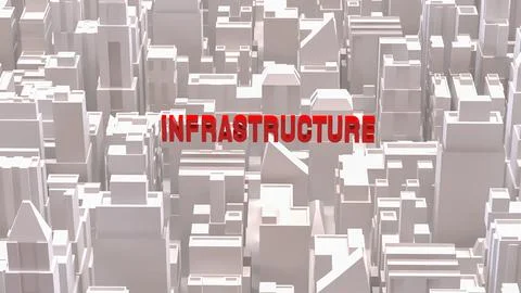 Red Infrastructure Text Over Abstract Cityscape Background 3d render. Stock Illustration