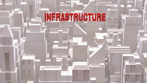 Red Infrastructure Text Over Abstract Cityscape Background 3d render. Stock Illustration