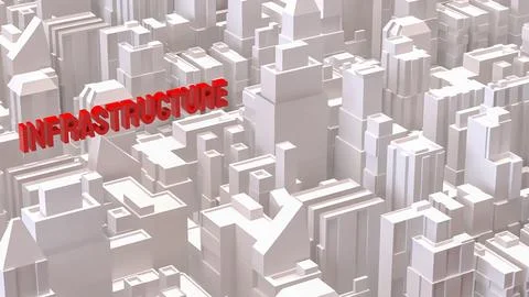 Red Infrastructure Text Over Abstract Cityscape Background 3d render. Stock Illustration