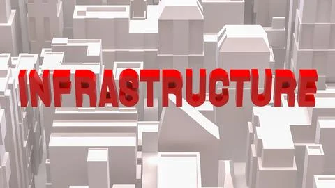 Red Infrastructure Text Over Abstract Cityscape Background 3d render. Stock Illustration