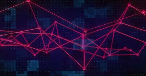 Red interconnected lines and nodes image over digital grid background 写真素材
