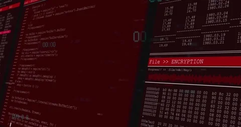 Red interface sliding in dual-pane terminal panning and zooming showing hex and Stock Footage 320724838