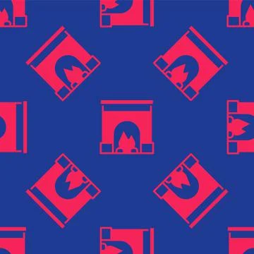 Red Interior fireplace icon isolated seamless pattern on blue background. Vector Stock Illustration