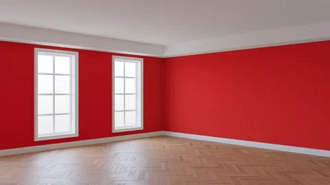 Red Interior with a White Ceiling and Cornice, Glossy Herringbone Parquet Floor Stock Illustration