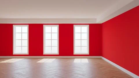 Red Interior with a White Ceiling and Cornice, Glossy Herringbone Parquet Floor Stock Illustration