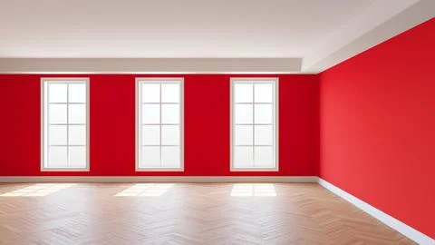 Red Interior with a White Ceiling and Cornice, Glossy Herringbone Parquet Stock Illustration