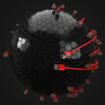 Red internet cables covering hi-tech sphere. conceptual 3d illustration of Stock Illustration