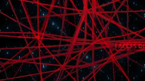 Red intersecting threads on a black background with moving binary code numbers Stock Footage 270472330