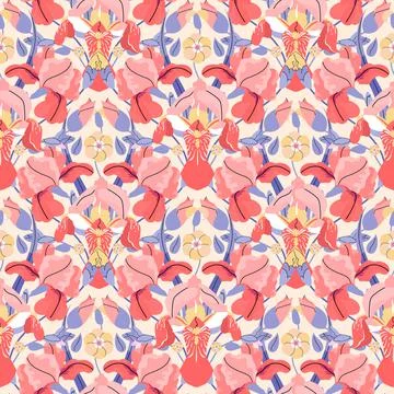 Red iris seamless pattern on beige background. Vector summer illustration Stock Illustration