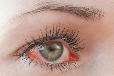 Red irritated human eye close up, allergy symptom 库存照片