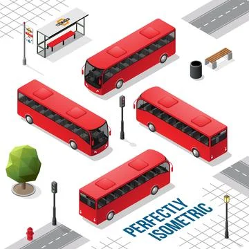 Red Isometric Bus from the Front Back Right and Left Stock Illustration