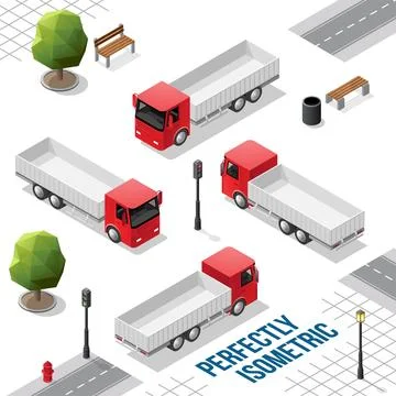 Red Isometric Truck from the Front Back Right and Left Views Stock Illustration
