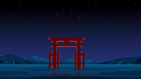 Red Japanese Torii Gate Standing in Water Under Starry Night Sky Stock Illustration