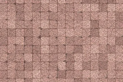 Red Japanese wave pattern ceramic tile texture top view with cracked distressed イラスト素材