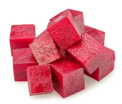 Red jelly cubes with shiny surface on white background Stock Photos