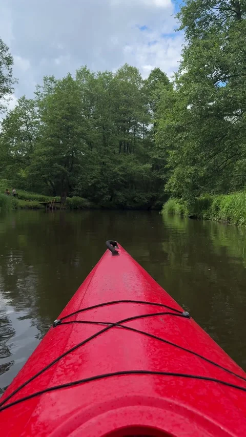 Red kayak on calm river surrounded by lush green trees. Vertical video Stock Footage 277341133