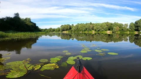  Red  Kayak on river with algae and grass. Boating team Stock Footage 166536690