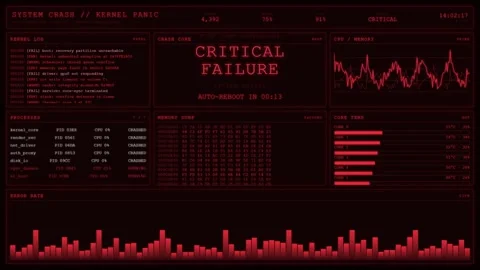 Red Kernel Panic Critical Failure Kernel Log Error Rate Core Temp Dashboard. Stock Footage 348009493