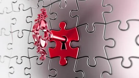 Red key on red puzzle part. 3D illustration Stock Illustration